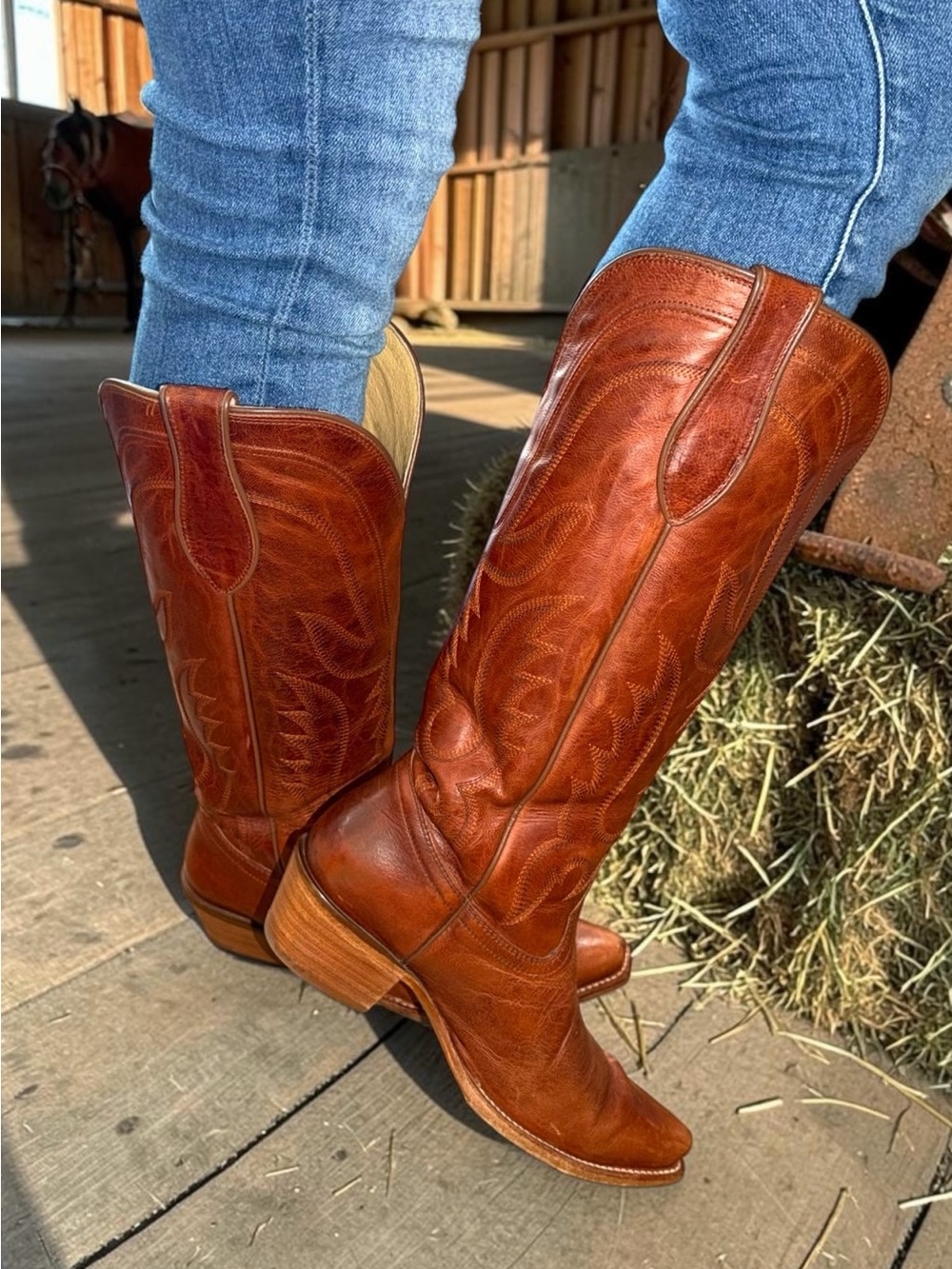 Tony Lama Derby Liz Tall Leather Cognac Western Snip Toe Cowboy Boots 8.5 - Picture 12 of 13